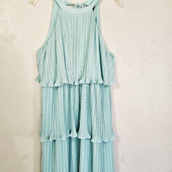 ZESICA Women's Aqua Blue Feminine Halter Neck Midi Dress Size L Tiered Chiffon - Picture 2 of 6